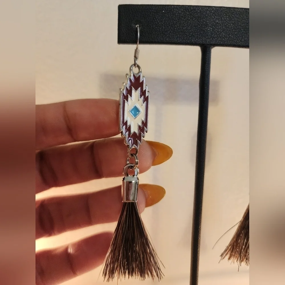 NWOT Southwestern Silver + Brown Tassel Earrings